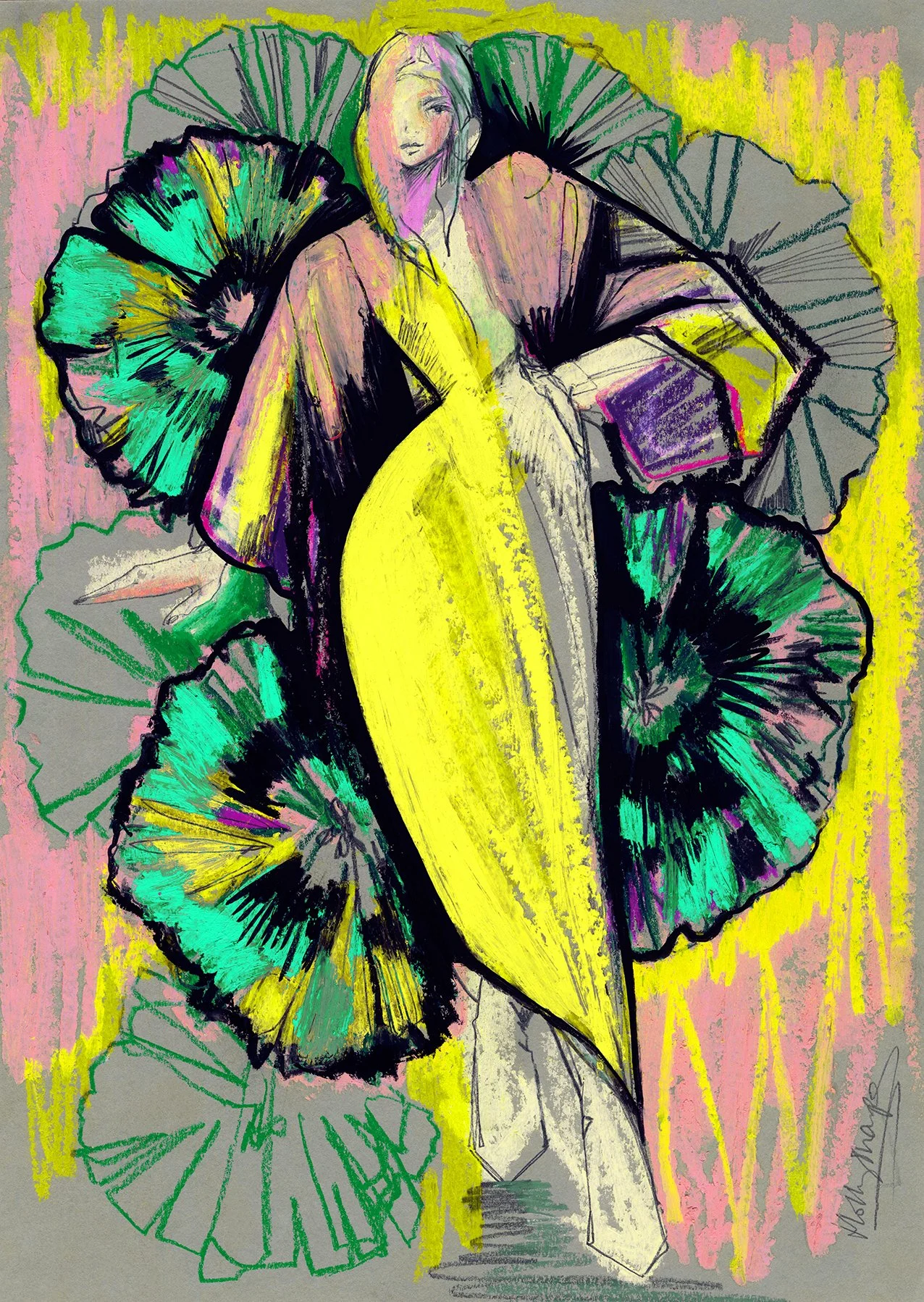 High quality signed print of 60s floral fashion illustration by